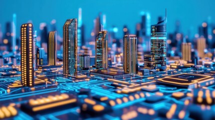 Wall Mural - Futuristic cityscape with circuit board ground and glowing buildings
