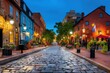 © MultiPixel - Charming cobblestone street illuminated with lanterns in a historic district during twilight, inviting evening strolls and gatherings