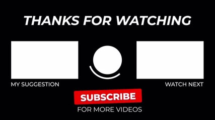 animate Youtube end screen dark theme. Thank you for watching, subscribe button, 4k video, alpha channel
