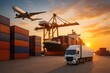 © Shyam - Global logistics transportation at seaport with cargo ship containers truck and airplane during sunset showcasing supply chain import export freight delivery shipping industry infrastructure trade
