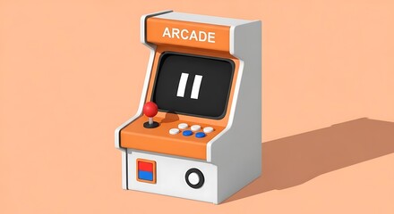 Retro arcade game machine with joystick and buttons displaying a paused screen with the number eleven on a vibrant orange and white cabinet
