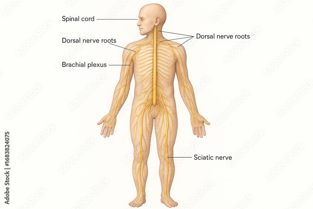 Human Nervous System Anatomy Illustration: Spinal Cord, Dorsal Nerve ...