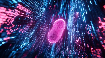 Wall Mural - Pink orb floats through a digital tunnel of neon blue and pink light streaks