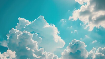 Wall Mural - a plane flies through a cloudy blue sky with white puffy clouds