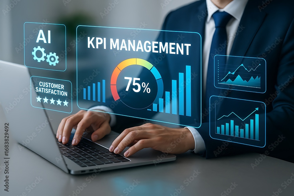Businessman analyzing kpi management dashboard on laptop with ai ...