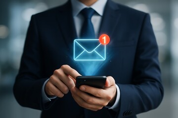 Business executive using smartphone with digital email notification icon communication technology online network professional connection inbox corporate office mobile innovation digital progress 