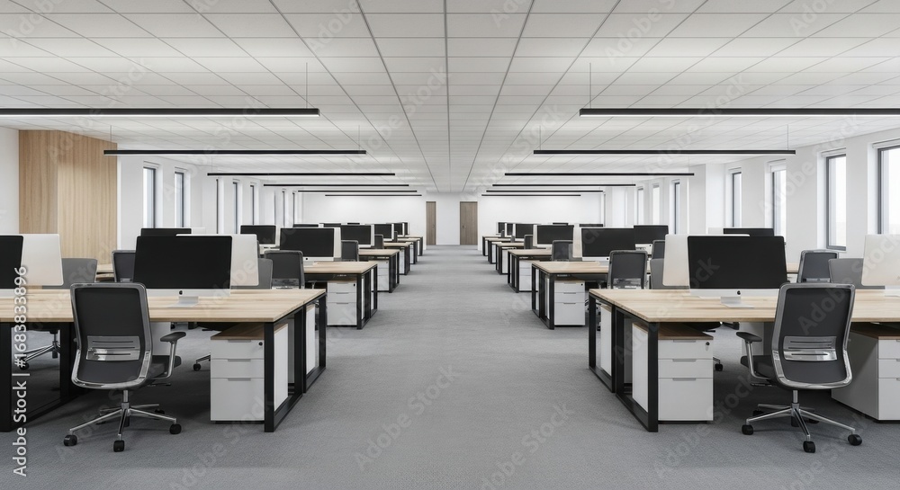 Rows of empty office desks with computers in a modern and clean coworking space. Ready for business operations and new employees.