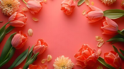 Wall Mural - a vibrant arrangement of coral tulips and blossoms, artfully composed on a coral background, creatin