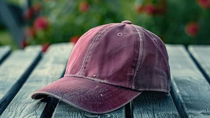 A single baseball cap resting on a wooden table, perfect for use in still life photography or product displays