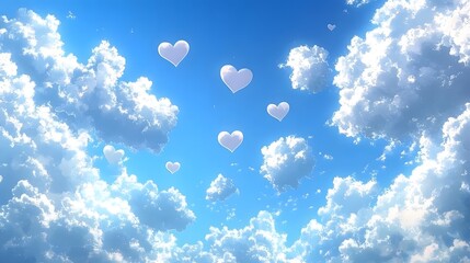 Wall Mural - a beautiful, bright sky filled with fluffy clouds and several delicate, floating heart shapes.