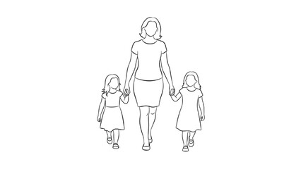 Wall Mural - Top View People Outline Set | Mom and Girls Walking Vector Figures Isolated on White Background