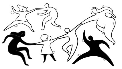 Wall Mural - Top View People Outline Set | Mom and Girls Walking Vector Figures Isolated on White Background