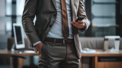 A businessman on the go holds his cell phone, ready for any call or message