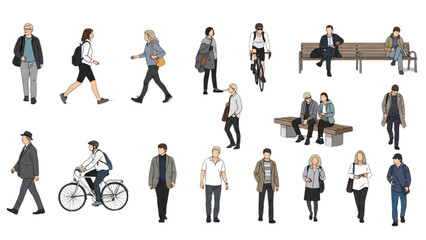 Wall Mural - CAD People Vector Set | Outdoor Human Figures Isolated on White Background for Architecture and Landscape Design