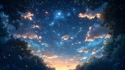 Wall Mural - a breathtaking view of a starry night sky, framed by the silhouettes of trees, showcasing a vibrant 