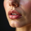 © Vladimir Zlotnik - Lips Skin Care. Beautiful Woman With Beauty Face Applying Lip Balsam, Lipbalm On Full Sexy Lips. Portrait Of Smiling Female Model With Soft Skin And Natural Nude Makeup Touching Lips. High Resolution