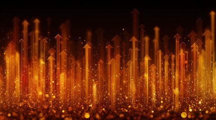 Wall Mural - Abstract background featuring upward arrows in vibrant orange and gold tones, symbolizing growth and progress, with sparkling effect that adds sense of dynamism and energy