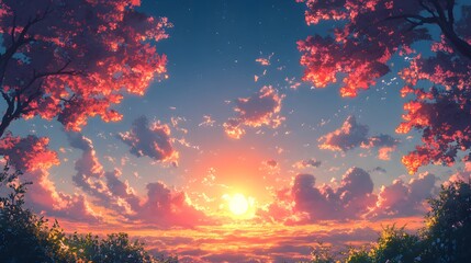 Wall Mural - a breathtaking sunset view, framed by vibrant pink trees, showcases a colorful sky full of fluffy cl