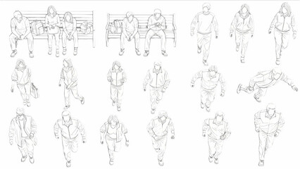 Wall Mural - CAD People Outline Set Top View | Sitting, Walking, Running Human Figures Vector on Grey Background
