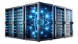 © VectEasy - A modern server data center with glowing atom, representing advanced technology, data storage, and network infrastructure isolated on transparent background