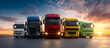 © Andrii - Query successfulFleet of colorful semi trucks. A line of modern commercial trucks in different colors at sunset for a logistics, transportation, or shipping company advertisement.