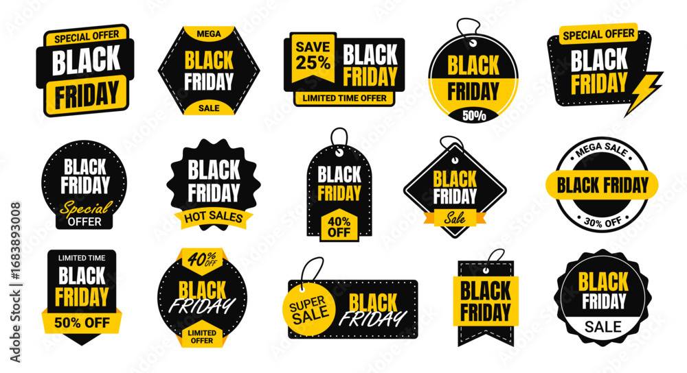 Black Friday sale labels. Promo badges with discount percentages, yellow and black offer, deal stickers. Promotional banner, ads online store, campaign price tag, weekend sales. Vector isolated set