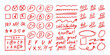 © Ukio.stock - Grade school mark. Red hand drawn exam marks, grades and checkboxes, arrows and underlines, evaluation icons. Doodle words on grid paper for school designs, learning content. Vector isolated set