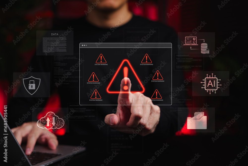 System Warning Alert for Cybersecurity Threat and AI Risk. Person ...