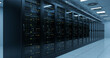 © Cla78 - A long row of server racks in a data center with lights and cables under a bright ceiling light system