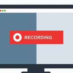 Computer screen displays a red recording button with text.