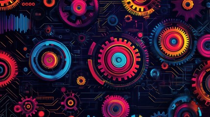Wall Mural - A vibrant digital rendering showcasing intricate gears, circuits, and colorful mechanical elements