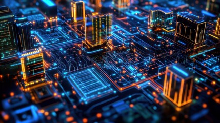 Wall Mural - A futuristic city depicted as a computer motherboard, glowing neon lights connect structures