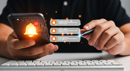 Person holding a phone with notification icons and using a stylus near a keyboard on a white table on transparent background