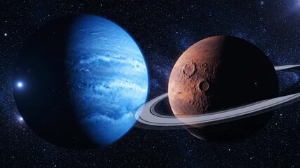 Wall Mural - Fantastical celestial dance of a blue ice giant and a ringed red planet in the depths of unexplored outer space