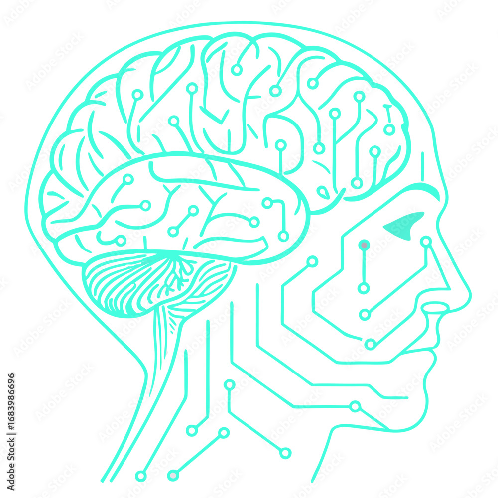 Artistic line drawing of a human brain and face profile integrated with ...