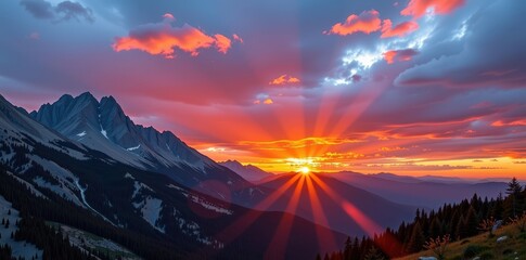 Wall Mural - Majestic sunset paints the rugged mountain peaks in fiery hues, casting long shadows across the valleys below, vista, rock, wilderness