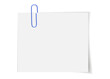 © Sviatlana - Blank notepaper attached with a blue paperclip. White empty sheet template for notes, reminders, or office messages. Flat vector isolated on white.