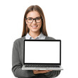 © Rizwan - Smiling woman with glasses presenting a blank laptop screen for advertising or product placement in a modern and professional setting perfect for business and technology concepts on white background