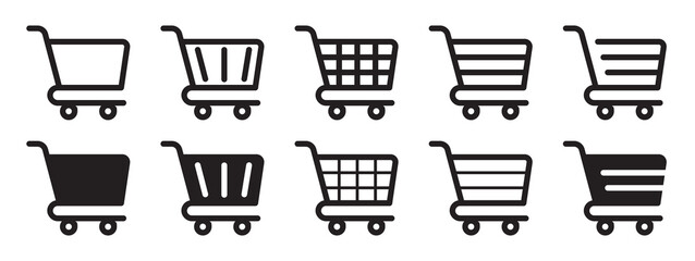 Shopping cart icon vector set. Retail supermarket trolley symbol. Simple grocery basket line icon set. Online purchase or buy cart sign. Add to cart symbol.