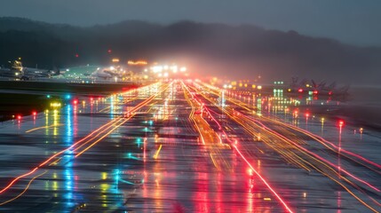 runway glows in night with blurs of light on tarmac and distant mountains
