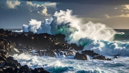  Powerful ocean waves crash against dramatic dark volcanic rocks, showcasing a vibrant turquoise and white display of forceful water against a backdrop of dramatic clouds.