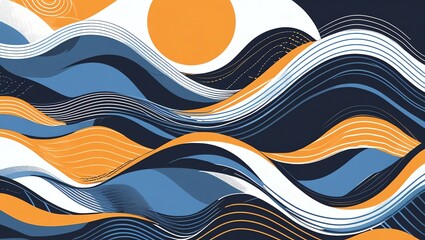 Wall Mural - abstract wave art: a symphony of blue, orange, and white