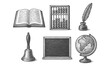 © ieps - Vintage school tools set: book, abacus, feather pen, bell, blackboard, globe