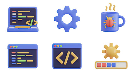 3D rendered coding and software development icons perfect for web design and UI/UX projects