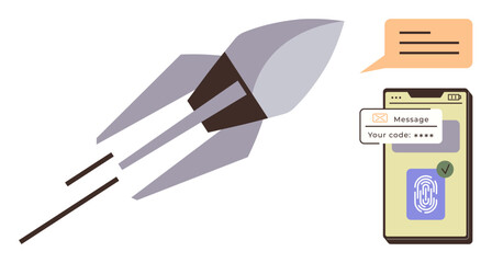 Rocket launching symbolizes innovation paired with smartphone displaying security code and fingerprint scanner. Ideal for technology, security, progress, startup, fintech, innovation, simple flat