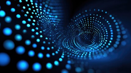 An abstract illustration featuring a swirling pattern of blue dots on a dark background, representing digital connectivity and futuristic technology.