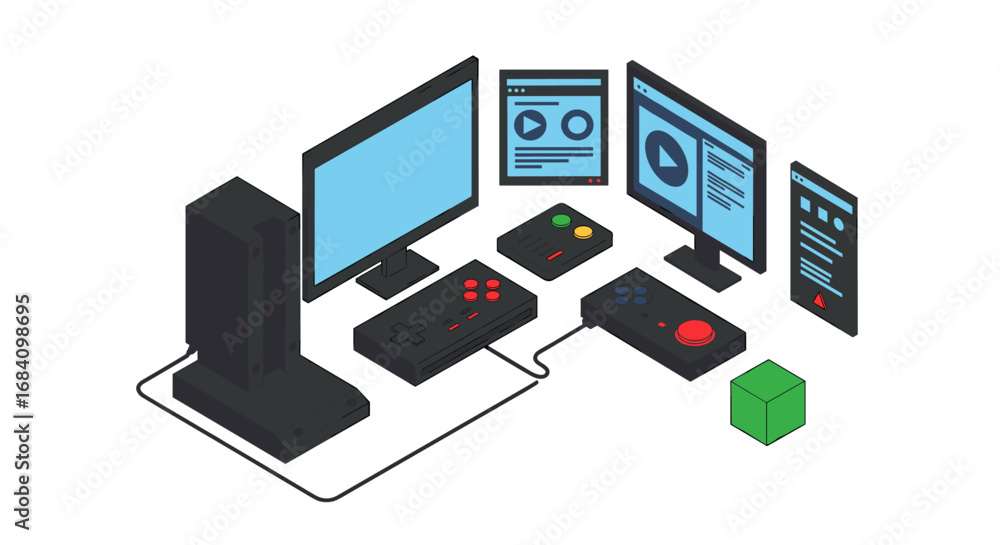 Isometric gaming setup with monitors, consoles, and controllers Stock ...