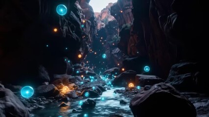 Mystical Canyon River with Floating Orbs Animation