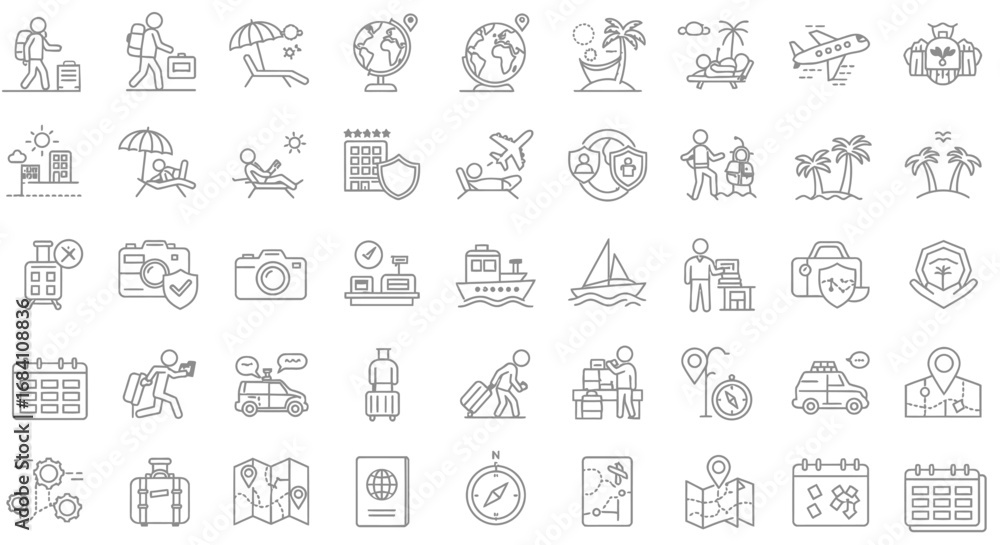 Line art icons depicting travel and vacation themes, including ...