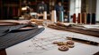 © Justlight - Medium shot of bespoke garment sketches and cotton buttons on a tailors desk surrounded by blurred fabric rolls and sewing equipment.